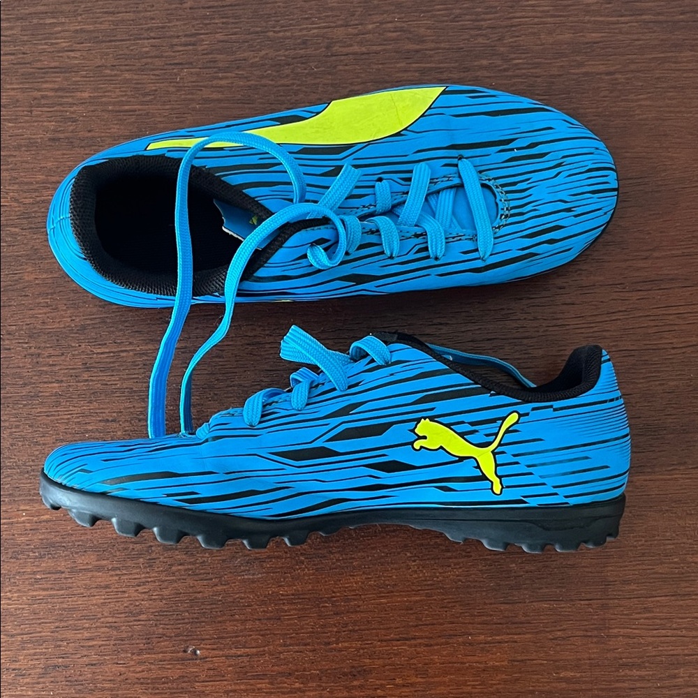 Puma Kids Blue and Yellow Soccer Cleats for Turf/Grass